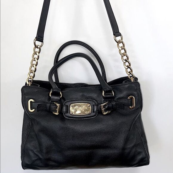 Michael Kors Bag”Hamilton” Black Pebbled Leather Crossbody Strap Excellent - Picture 1 of 9